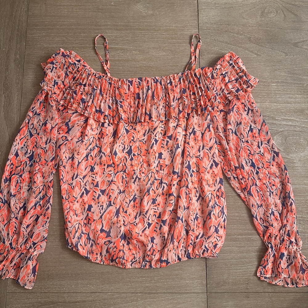 Ramy Brook Coral and Navy Off-Shoulder Blouse